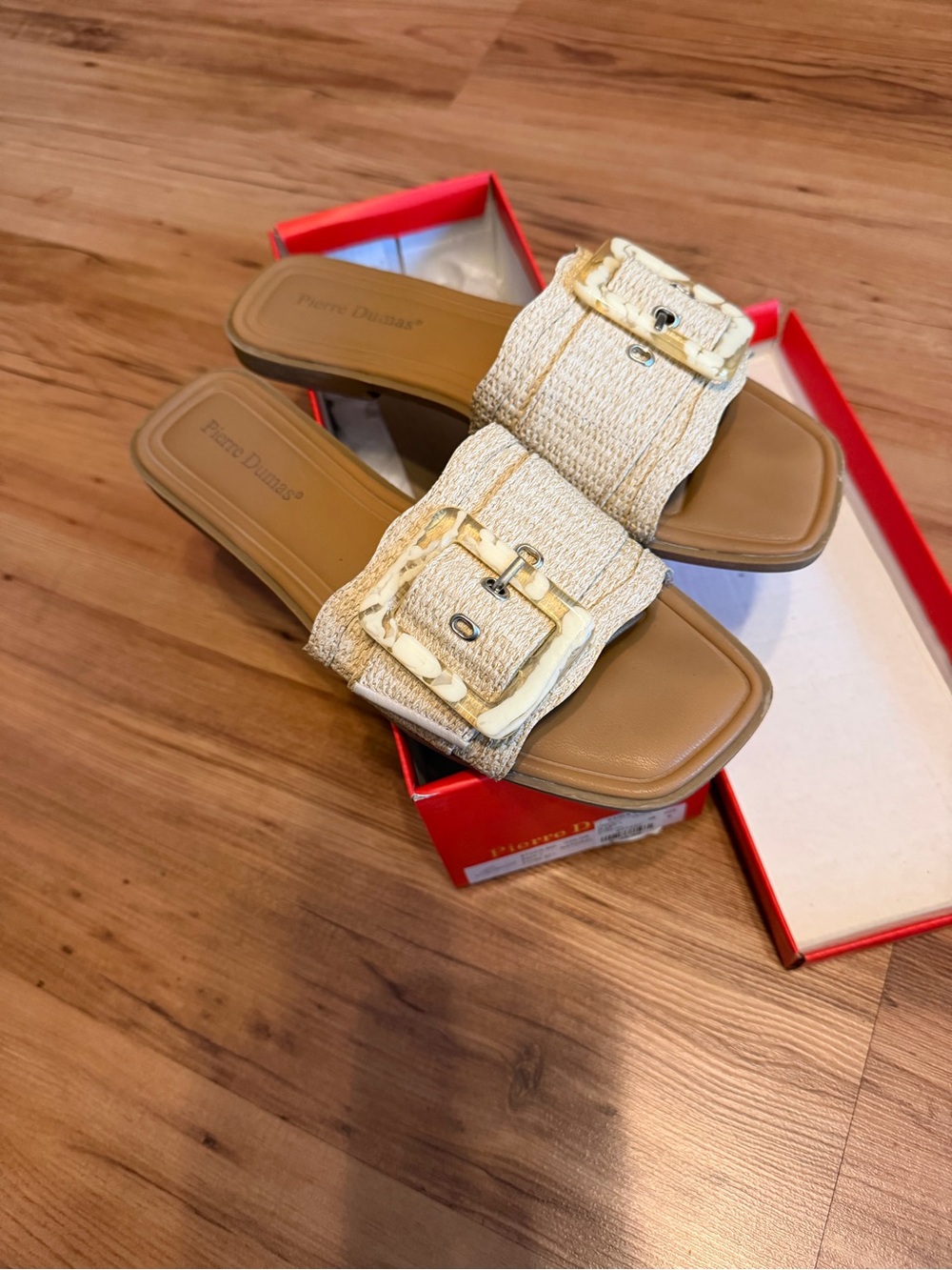 Pierre Dumas Cream Braided Slide Sandals with Gold Buckle